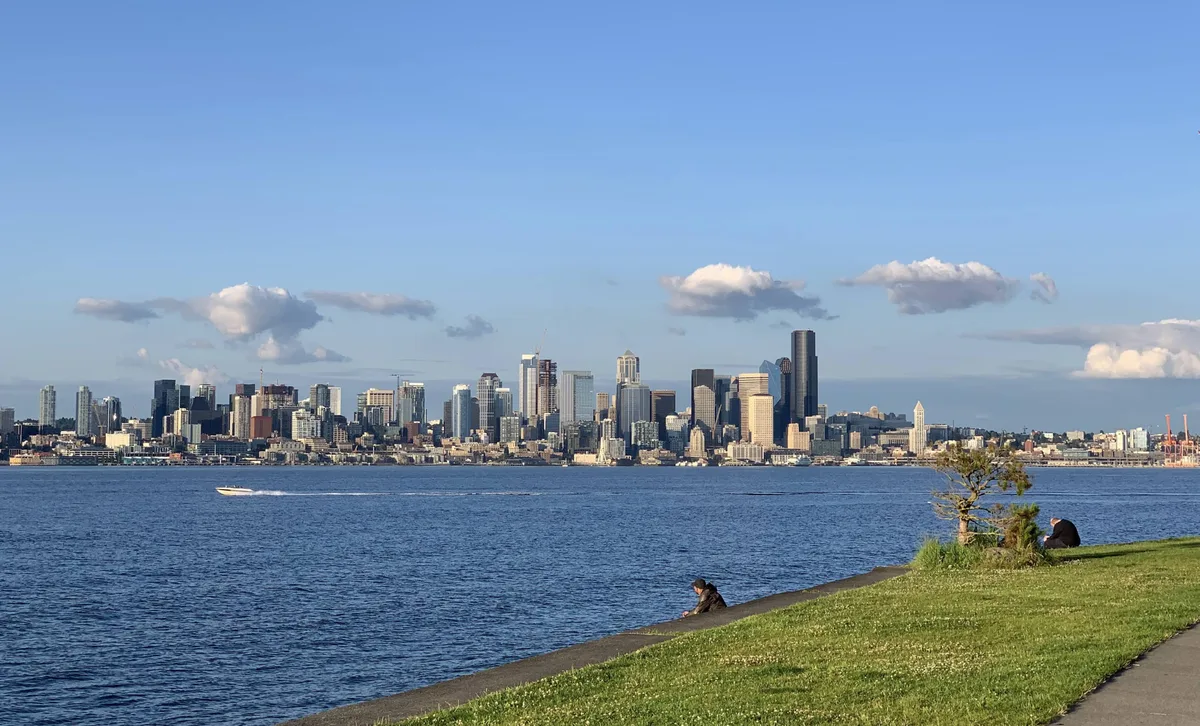 Alki Beach in West Seattle with downtown skyline view