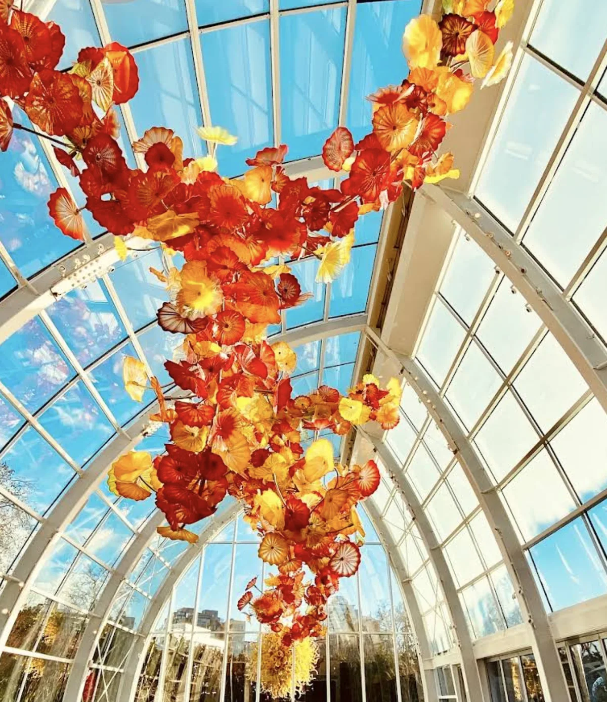 Chihuly Garden glass sculptures visible through the perimeter fence at Seattle Center